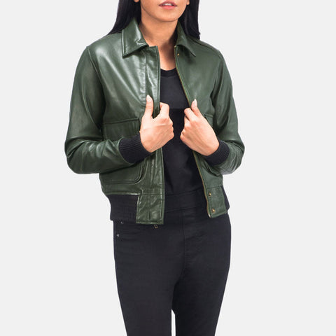 women’s green cowhide leather bomber jacket side angle