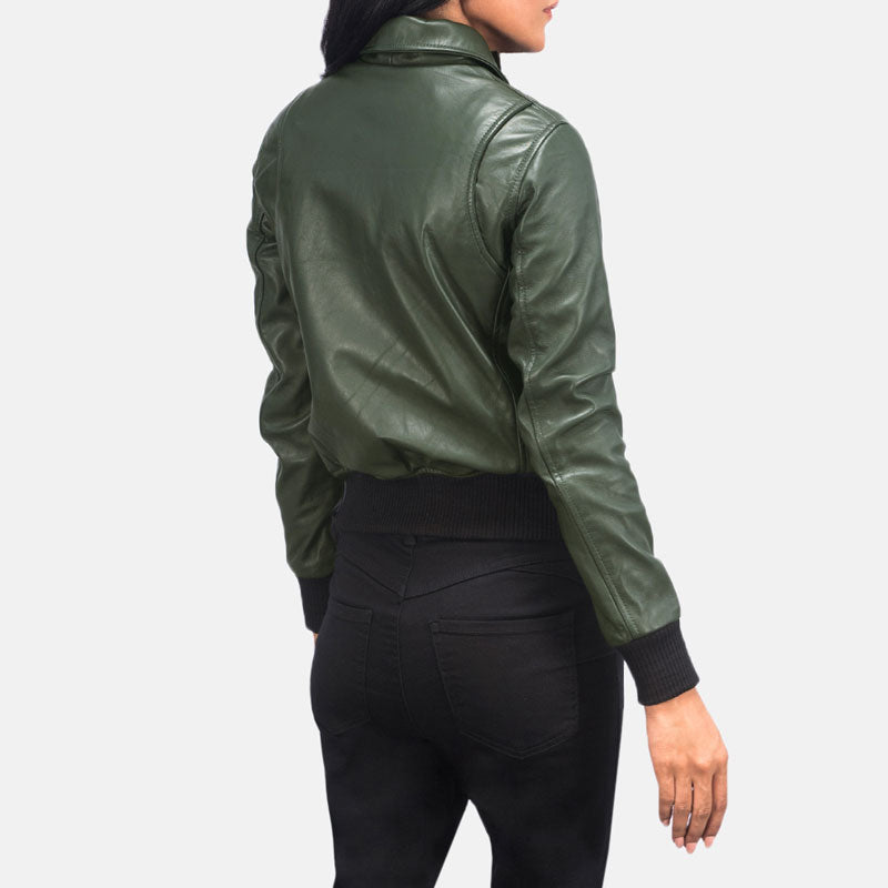 women’s green cowhide leather bomber jacket back view