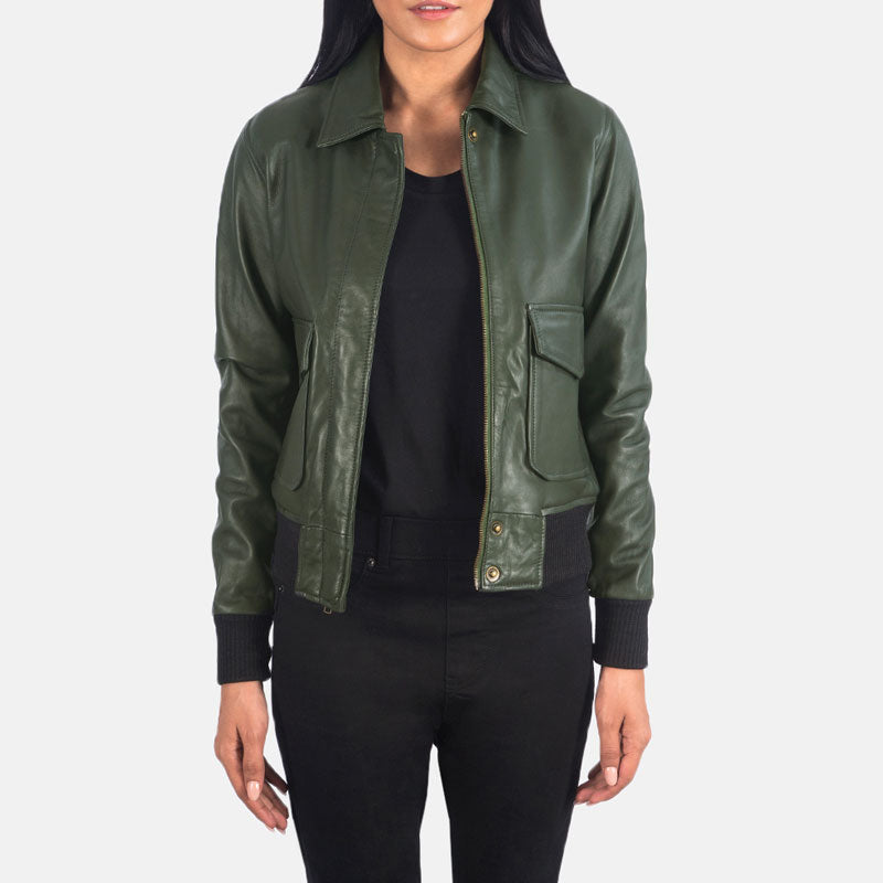 women’s green cowhide leather bomber jacket front view
