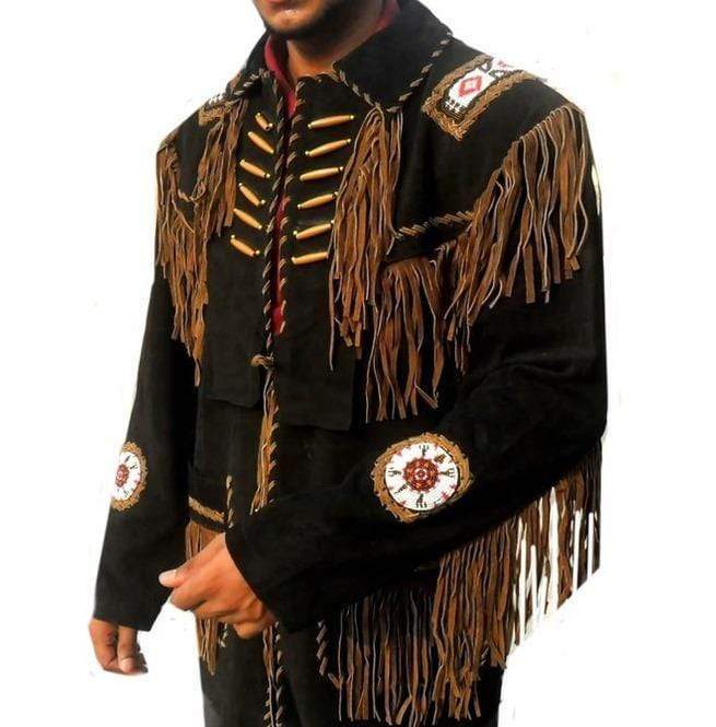 men’s brown suede leather western jacket front view