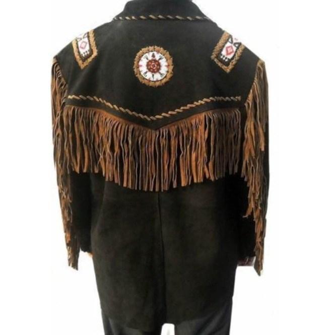 men’s brown suede leather western jacket back view