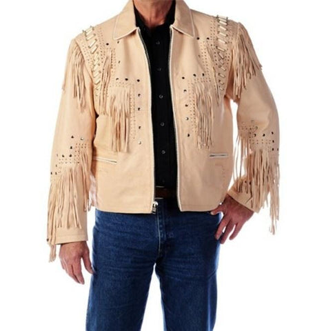 men’s cream cowhide leather western jacket front view