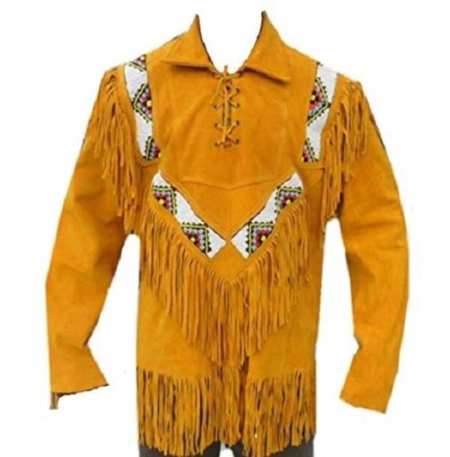 men’s tan suede leather western jacket front view
