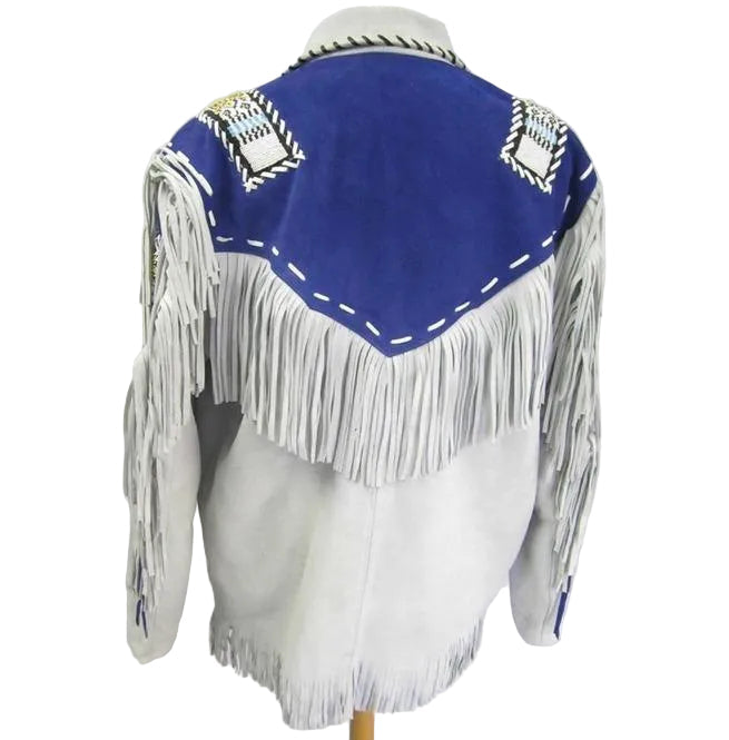 men's blue fringe suede leather jacket nolan back view