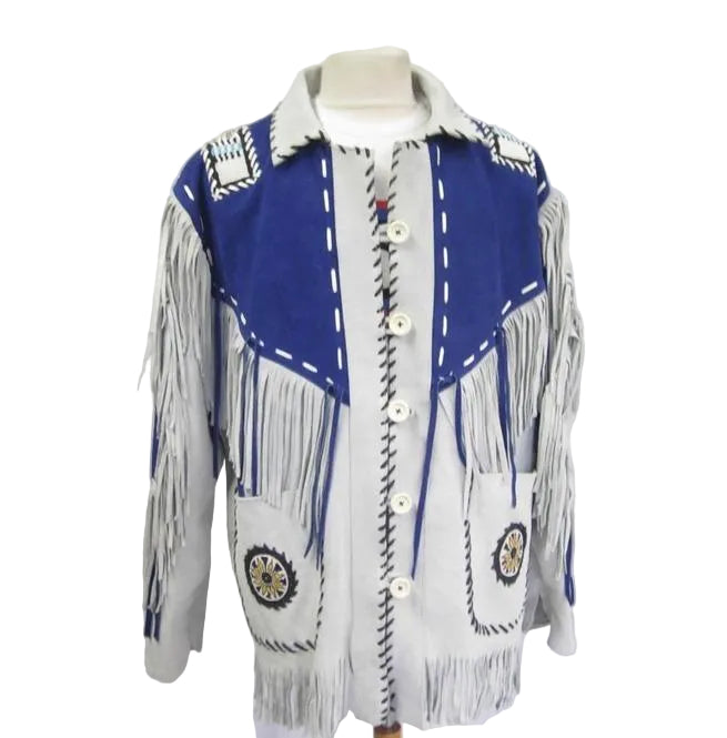 men's blue fringe suede leather jacket nolan front view