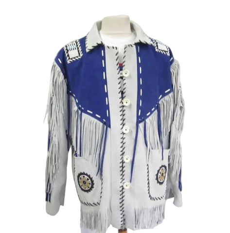 men's blue fringe suede leather jacket nolan front view