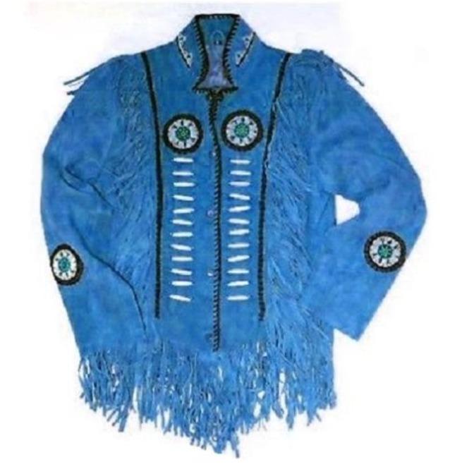 men’s blue suede leather western jacket front view