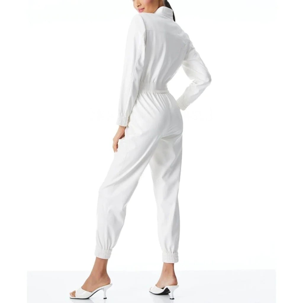 White Elasticized Detailed Leather Jumpsuit for Women - AMSEL LEATHERS