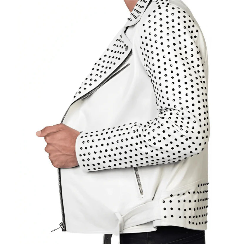 White-colored Men's Studded Biker Leather Jacket - AMSEL LEATHERS