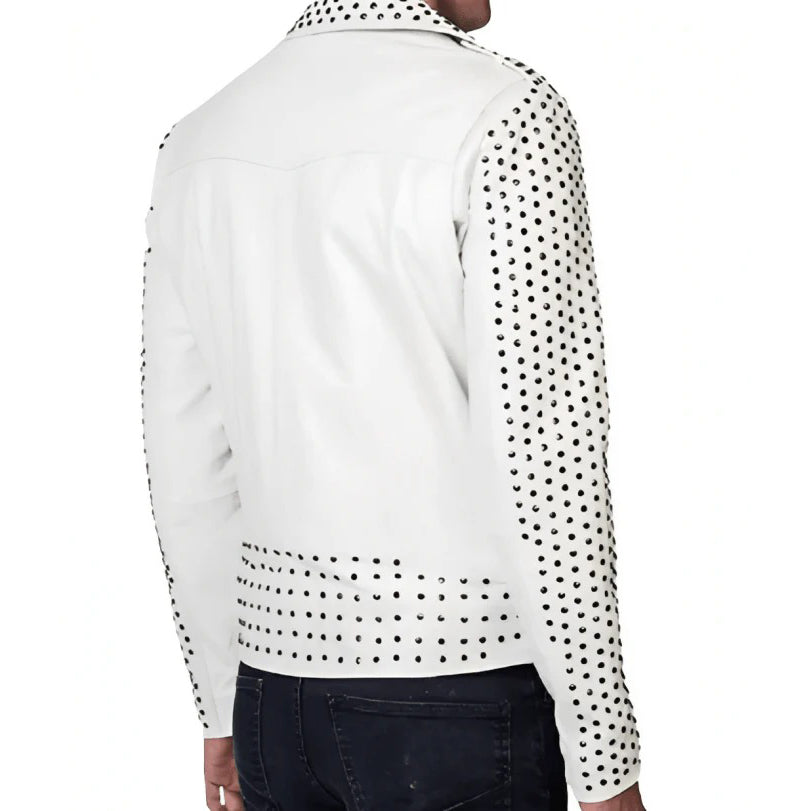 White-colored Men's Studded Biker Leather Jacket - AMSEL LEATHERS