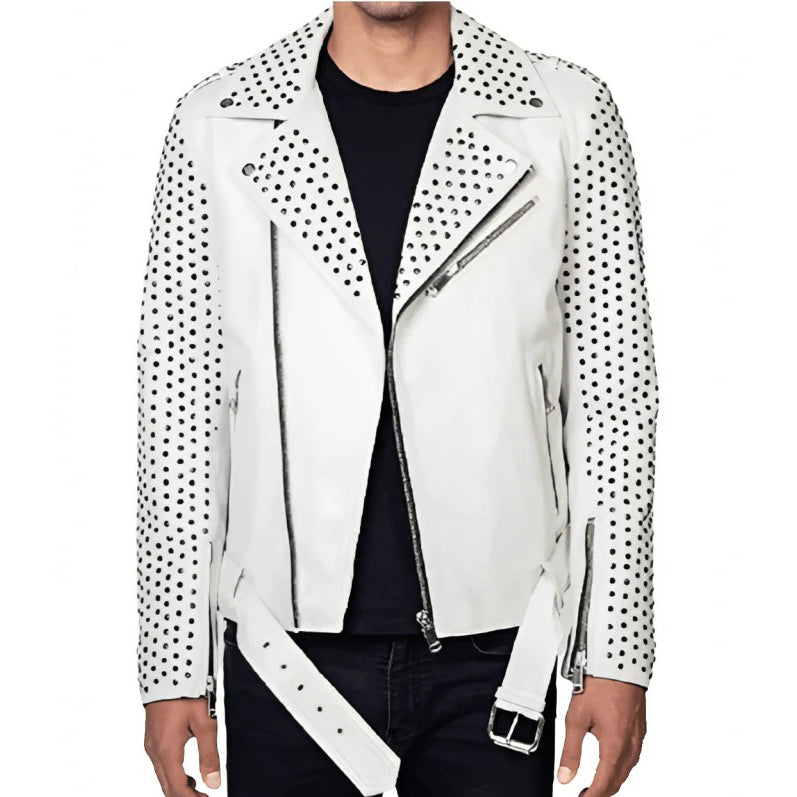 White-colored Men's Studded Biker Leather Jacket - AMSEL LEATHERS