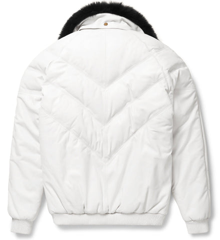 White Leather V-Bomber Jacket