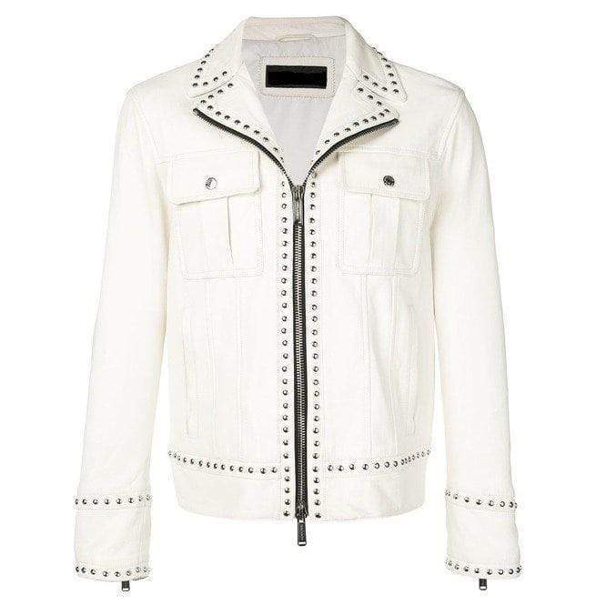 men's white studded leather biker jacket orion front view