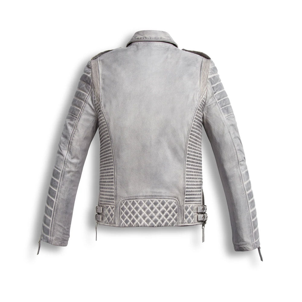 White biker riding jacket with brushed bronze hardware
