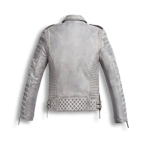White biker riding jacket with brushed bronze hardware
