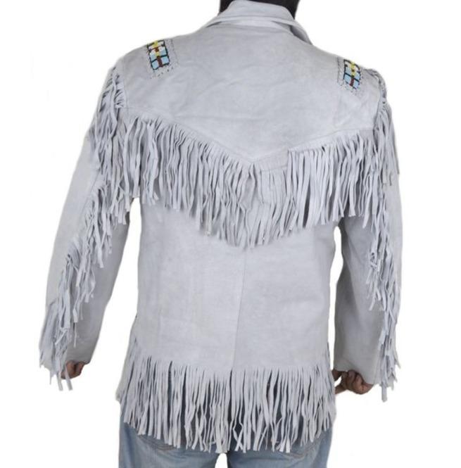 White cowboy leather jacket for men with fringes
