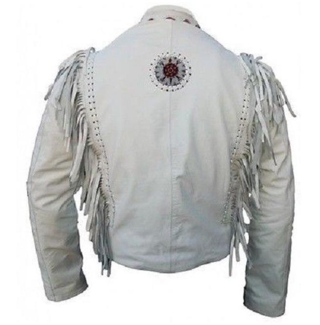 White cowboy leather jacket with fringes for men
