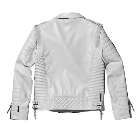 White leather biker jacket with silver hardware
