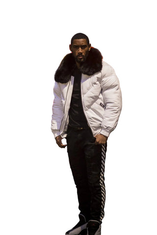 White leather bomber jacket with removable black fur collar
