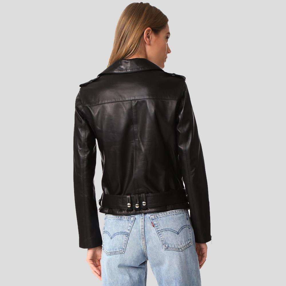 women's black lambskin leather biker jacket selene side angle
