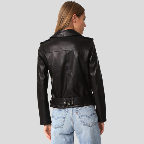 women's black lambskin leather biker jacket selene side angle