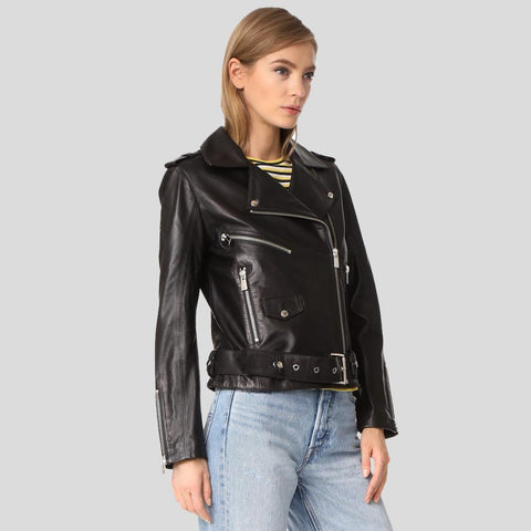women's black lambskin leather biker jacket selene back view