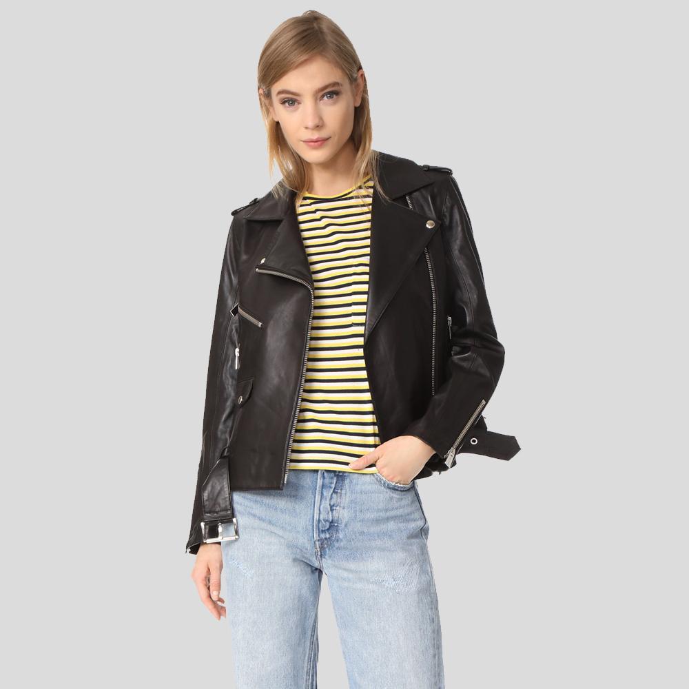 women's black lambskin leather biker jacket selene detail close up