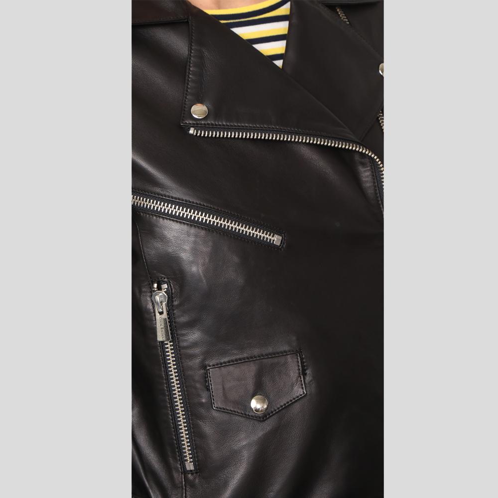 women's black lambskin leather biker jacket selene texture detail