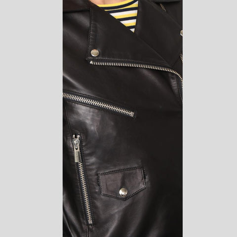 women's black lambskin leather biker jacket selene texture detail