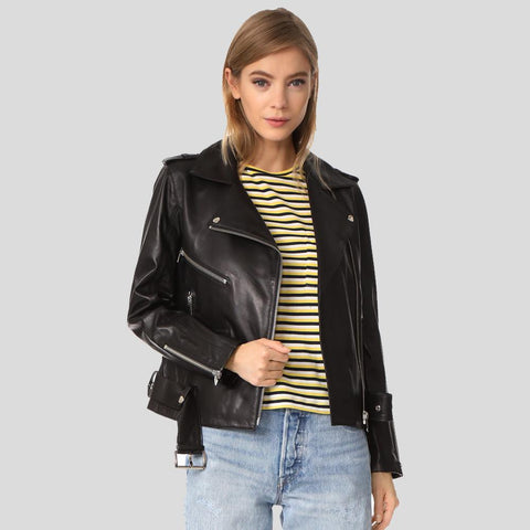 women's black lambskin leather biker jacket selene front view