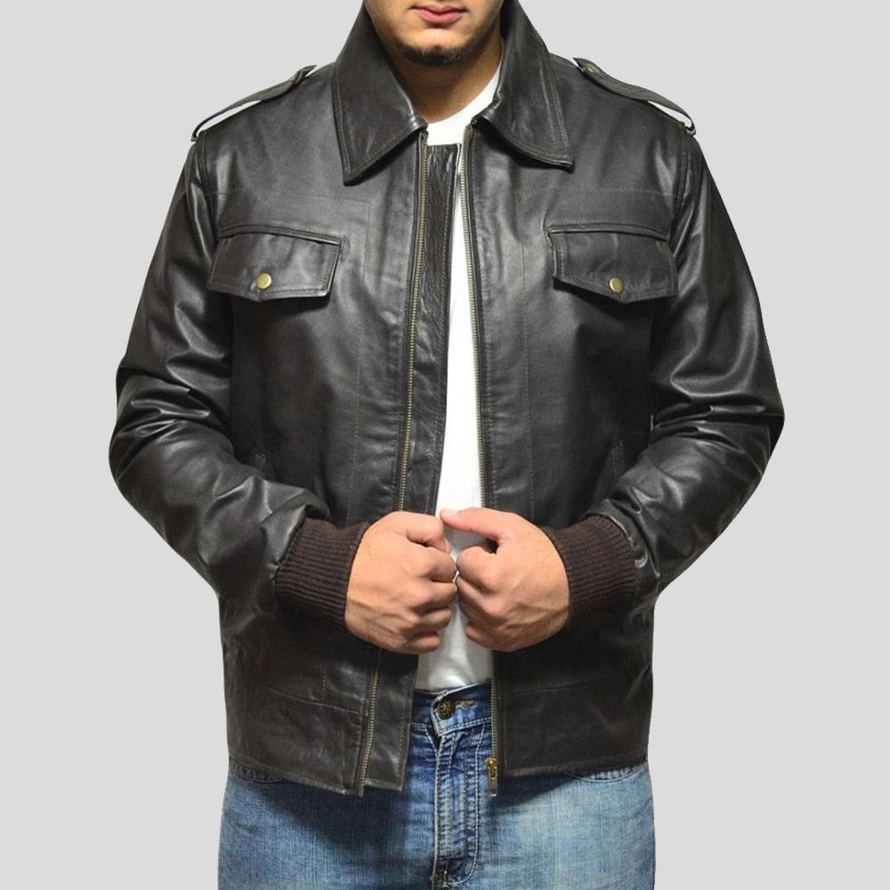 men's black lambskin leather bomber jacket valen side angle