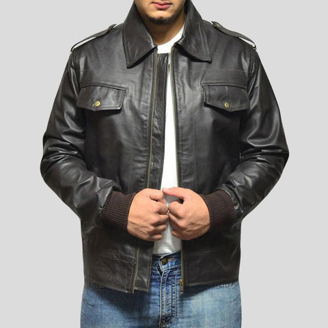 men's black lambskin leather bomber jacket valen side angle