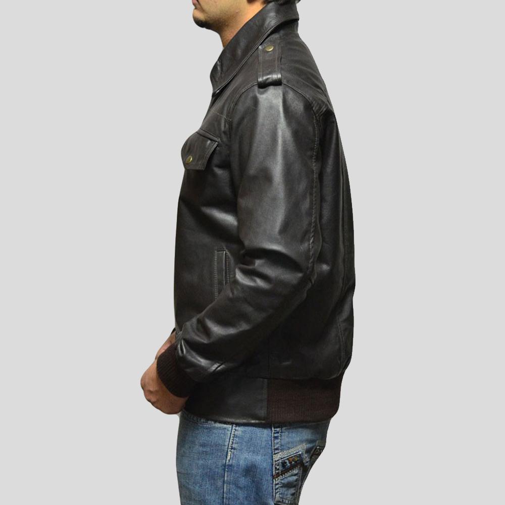 men's black lambskin leather bomber jacket valen back view