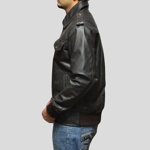 men's black lambskin leather bomber jacket valen back view