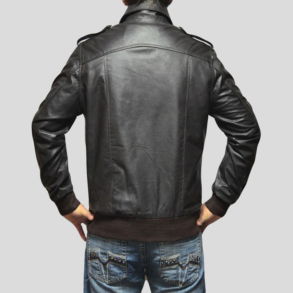 men's black lambskin leather bomber jacket valen detail close up