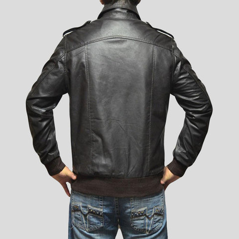 men's black lambskin leather bomber jacket valen detail close up