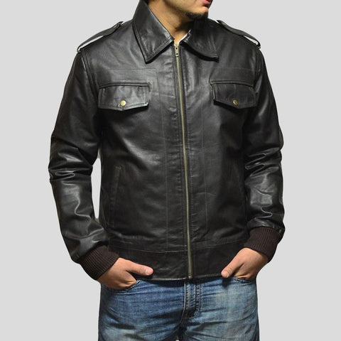 men's black lambskin leather bomber jacket valen front view
