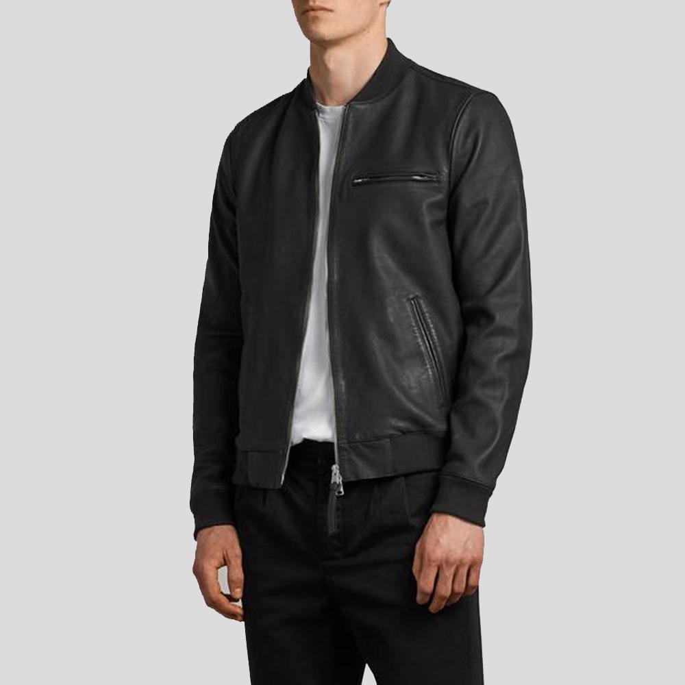 men's black lambskin leather bomber jacket marius back view