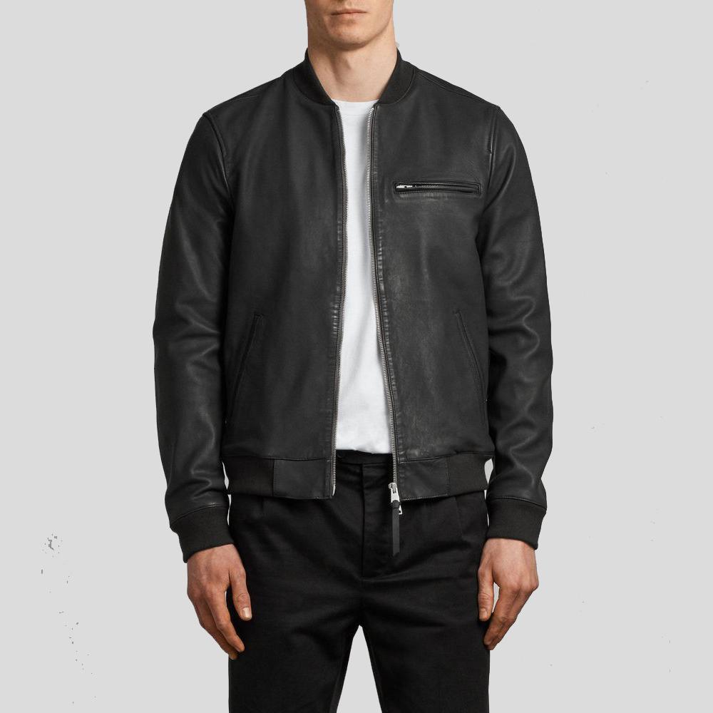 men's black lambskin leather bomber jacket marius front view