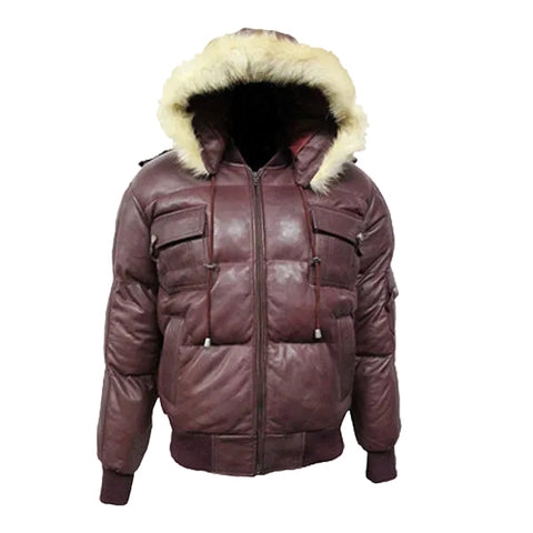 Winter Warm Pilot 6 Puffer Men's Hooded Bomber Real Lambskin Leather Jacket