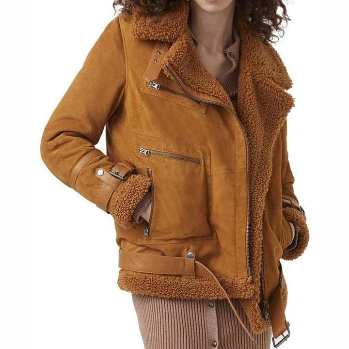 Women B3 RAF Aviator Shearling Suede Leather Jacket - AMSEL LEATHERS