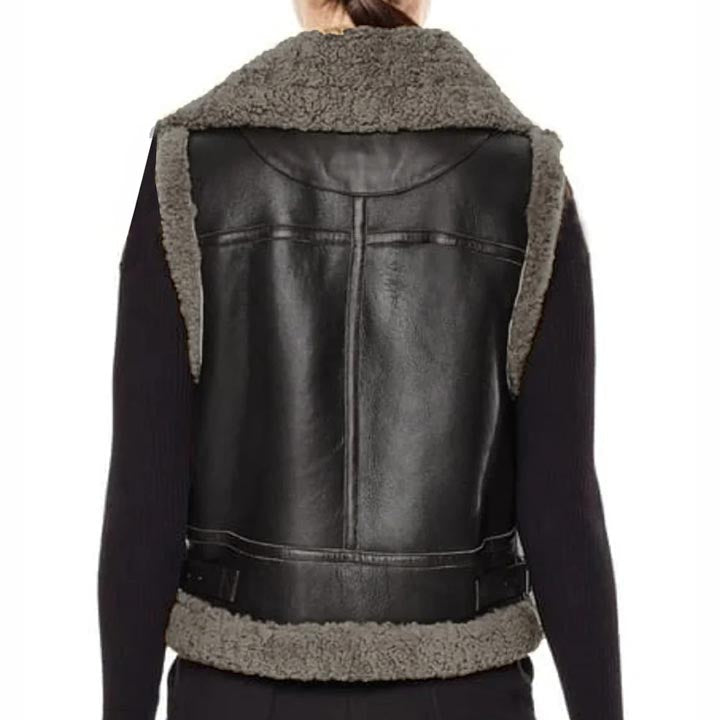 Women Black Leather B3 Aviator Sheepskin Shearling Vest - AMSEL LEATHERS