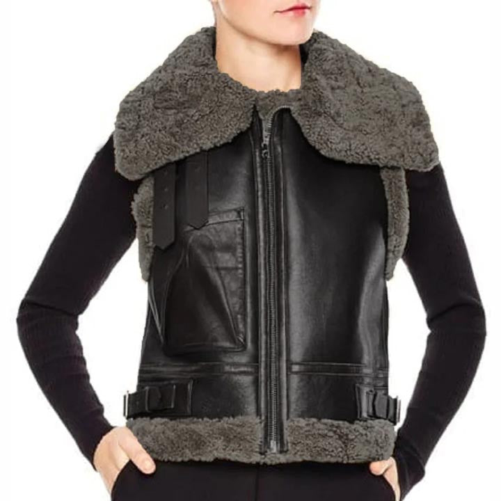 Women Black Leather B3 Aviator Sheepskin Shearling Vest - AMSEL LEATHERS