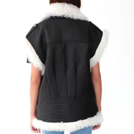 Women Black Leather and White Fur Sheepskin Shearling Vest - AMSEL LEATHERS