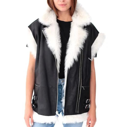 Women Black Leather and White Fur Sheepskin Shearling Vest - AMSEL LEATHERS