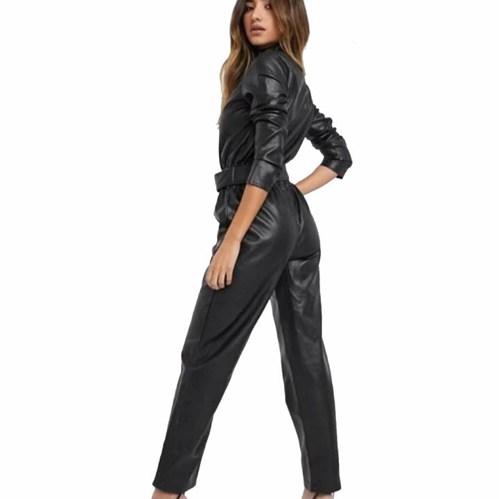 Women Black Sheepskin Leather Jumpsuit - AMSEL LEATHERS