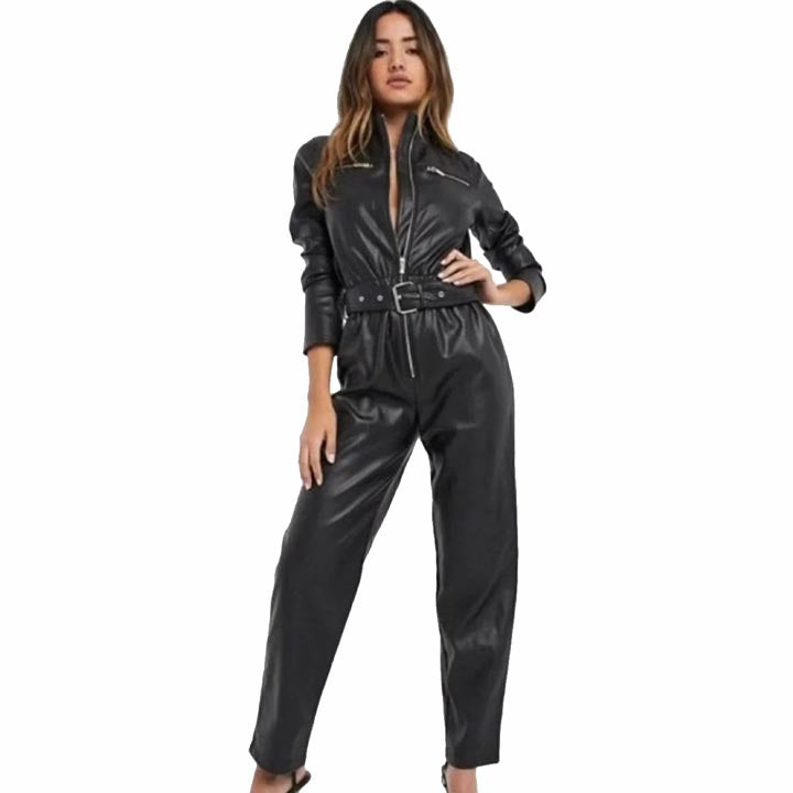 Women Black Sheepskin Leather Jumpsuit - AMSEL LEATHERS