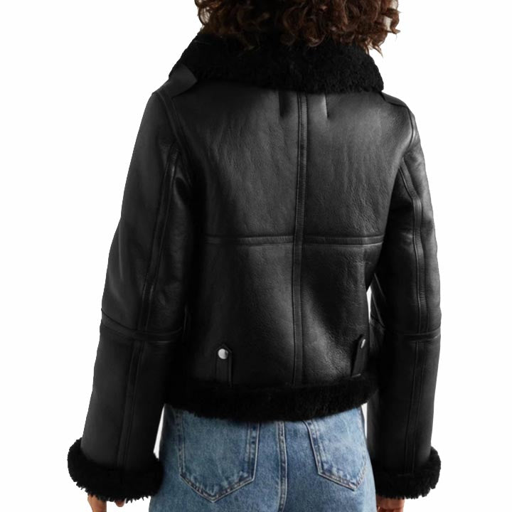 Women Black Sheepskin Shearling Leather Jacket - AMSEL LEATHERS