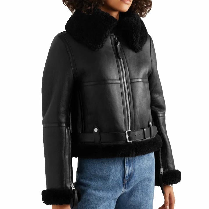 Women Black Sheepskin Shearling Leather Jacket - AMSEL LEATHERS