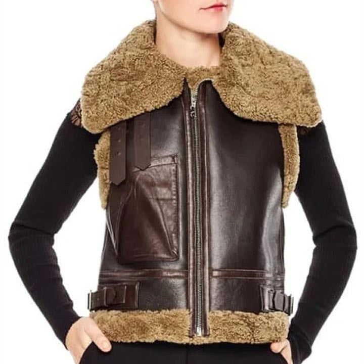 Women Brown B3 RAF Aviator Shearling Bomber Vest - AMSEL LEATHERS